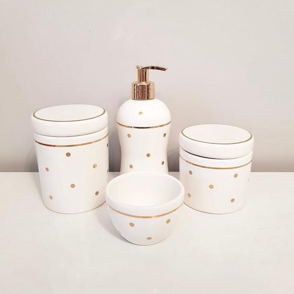 Kit Higiene Bebê 4 Peças Branco com Poás e Filete Dourado