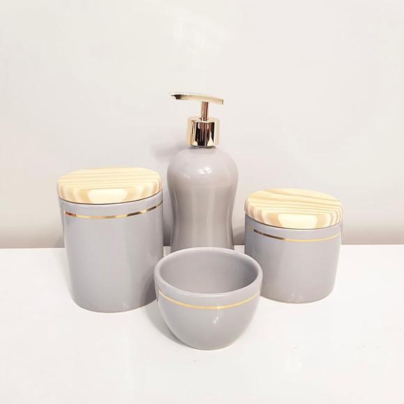 Kit Higiene Bebê 4 Peças Cinza e Filete Dourado - Pinus