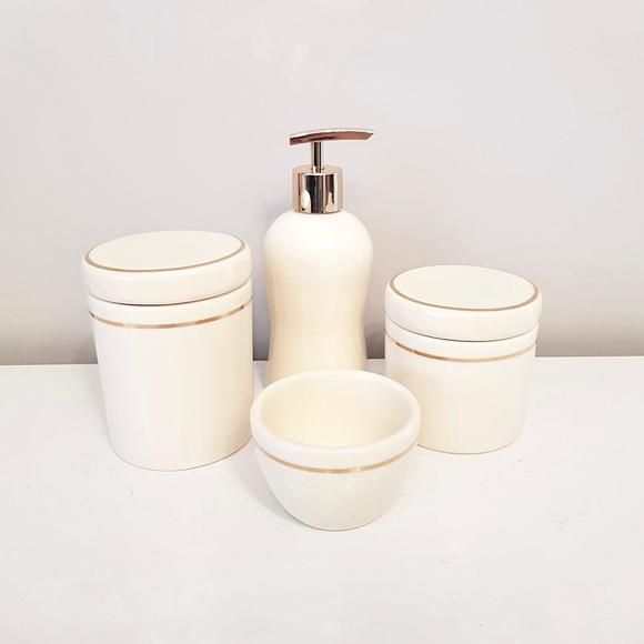 Kit Higiene Bebê 4 Peças Bege Creme com Filete Dourado