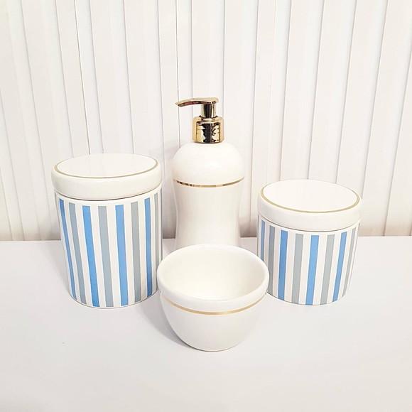 Kit Higiene Bebê 4 Peças Listras Azul c/ Filete Dourado