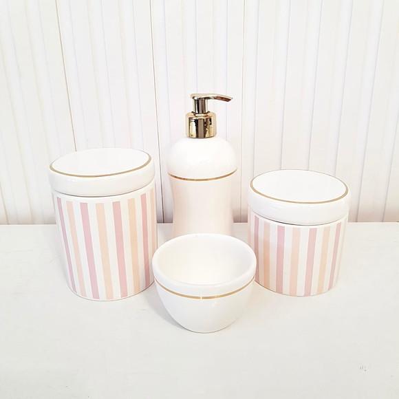 Kit Higiene Bebê 4 Peças Listras Rosa c/ Filete Dourado