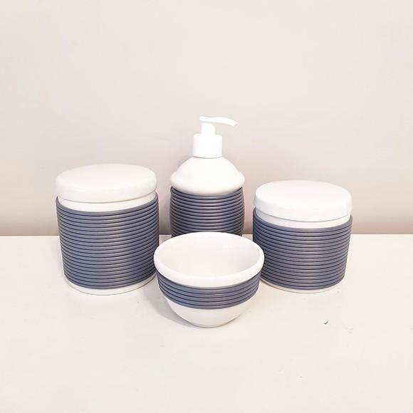 Kit Higiene Bebê 4 Peças Porcelana com Alinhavado Azul Jeans