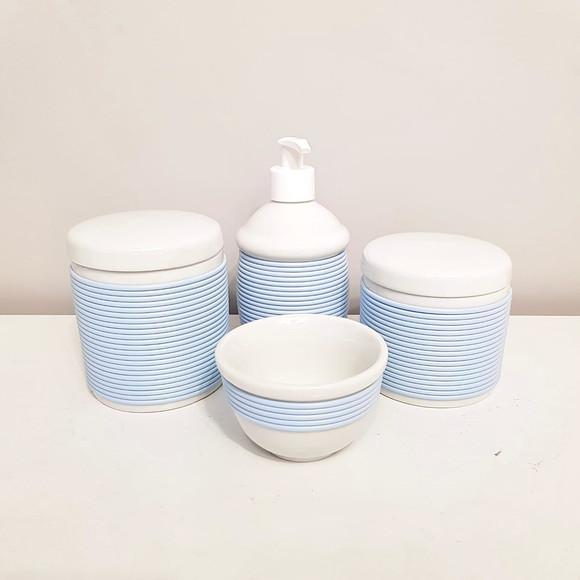 Kit Higiene Bebê 4 Peças Porcelana com Alinhavado Azul Bebê