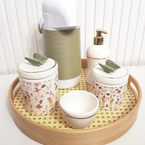 Kit Higiene Bebê Bosque Cogumelo Branco, Oliva e Dourado