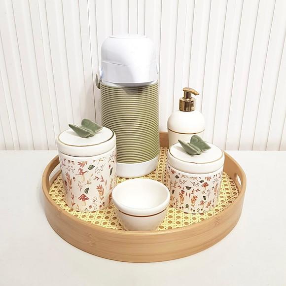 Kit Higiene Bebê Bosque Cogumelo Branco, Oliva e Dourado