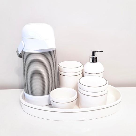 Kit Higiene Bebê Branco com Filete Prata - Bandeja Oval