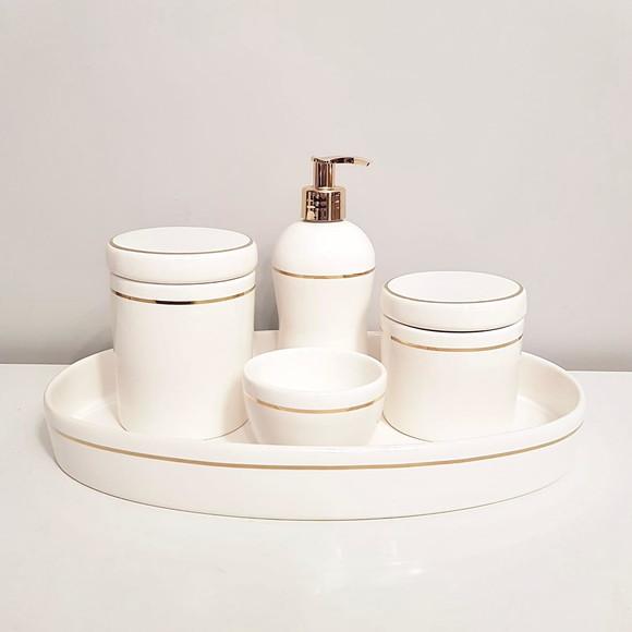 Kit Higiene Bebê Branco com Filete Dourado - Bandeja Oval