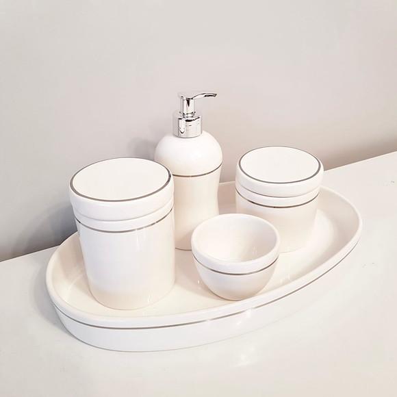 Kit Higiene Bebê Branco com Filete Prata - Bandeja Oval