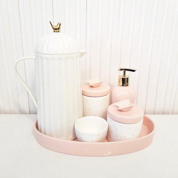 Kit Higiene Bebê Branco e Poás Rosa Rosé - Band. Oval + Bird