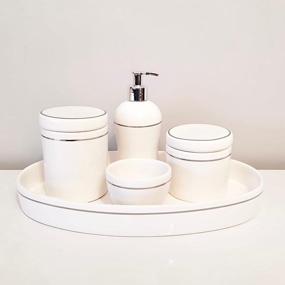 Kit Higiene Bebê Branco com Filete Prata - Bandeja Oval