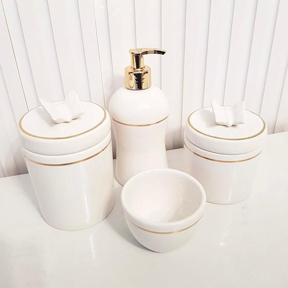 Kit Higiene Bebê Branco Filete Dourado Borboleta 4 Pçs