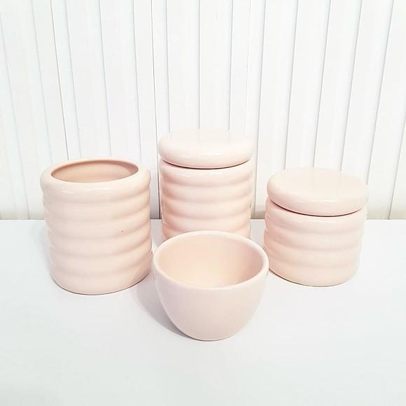 Kit Higiene Bebê Cerâmica 4 Peças Ondulado Rosa Rosé