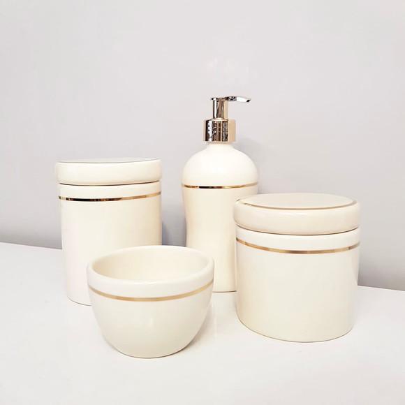 Kit Higiene Bebê Cerâmica Creme com Filete Dourado - 4 Peças