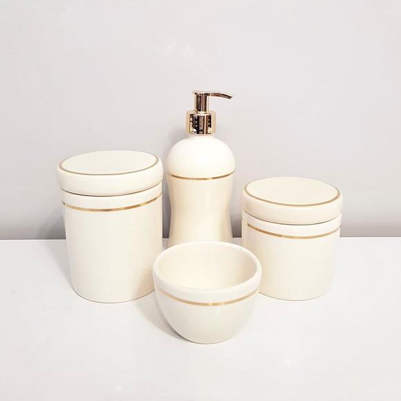 Kit Higiene Bebê Cerâmica Creme com Filete Dourado - 4 Peças