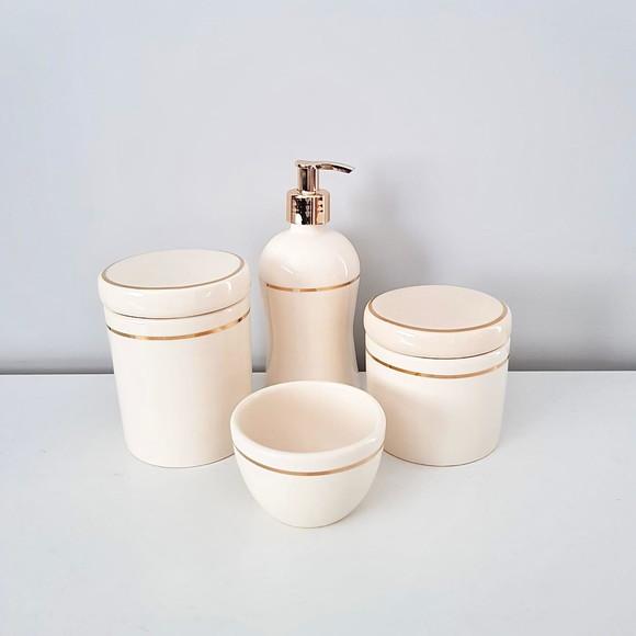 Kit Higiene Bebê Cerâmica Creme com Filete Dourado - 4 Peças