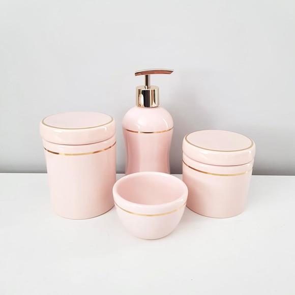 Kit Higiene Bebê Cerâmica Rosé com Filete Dourado - 4 Peças