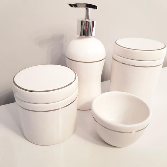 Kit Higiene Bebê Cerâmica Branca com Filete Prata - 4 Peças