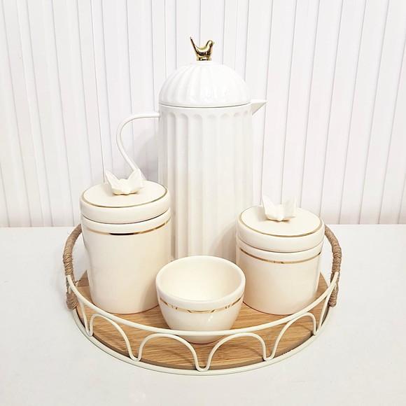 Kit Higiene Bebê Creme e Branco - Bandeja Metal + Bird