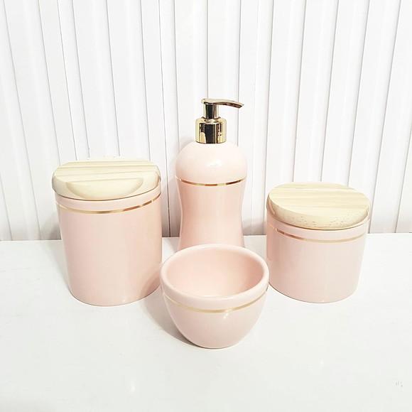 Kit Higiene Bebê Cerâmica Rosé Filete Dourado Pinus 4 Peças