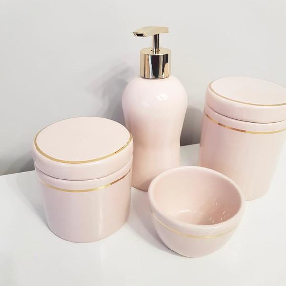 Kit Higiene Bebê Cerâmica Rosé com Filete Dourado - 4 Peças
