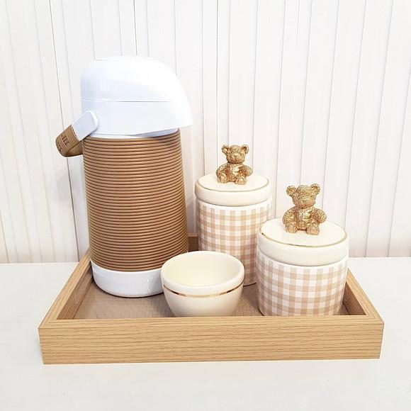 Kit Higiene Bebê Creme e Marrom Filete Dourado + Ursinho