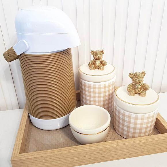 Kit Higiene Bebê Creme e Marrom Filete Dourado + Ursinho