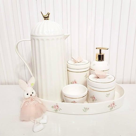 Kit Higiene Bebê Floral Branco e Rosé Filete Dourado - Bird