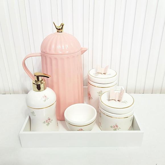 Kit Higiene Bebê Floral Filete Ouro Rosé e Branco