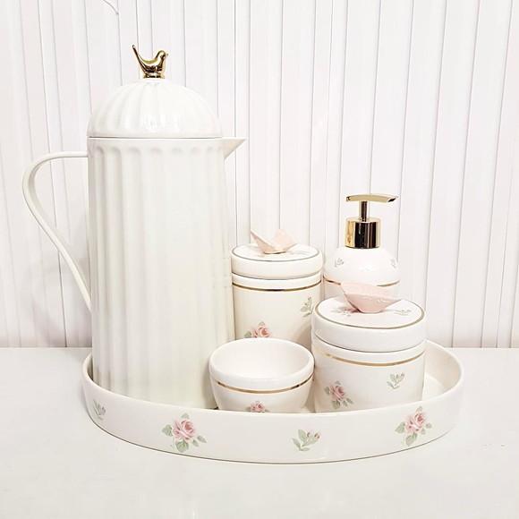 Kit Higiene Bebê Floral Branco e Rosé Filete Dourado - Bird