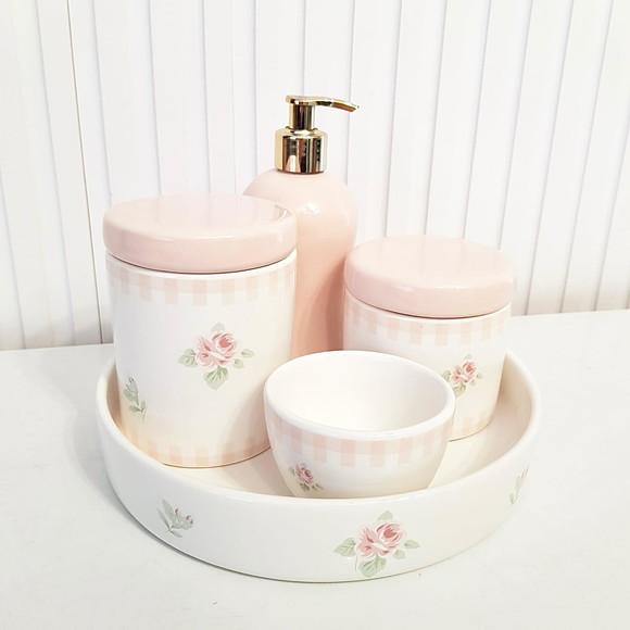 Kit Higiene Bebê Floral Rosa Rosé - Bandeja Redonda