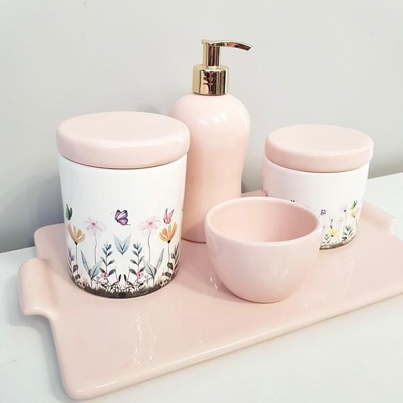 Kit Higiene Bebê Jardim Encantado Floral Rosé + Bandeja Reta