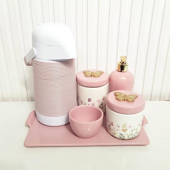 Kit Higiene Bebê Jardim Encantado Rosa - Reta + Alinhavada