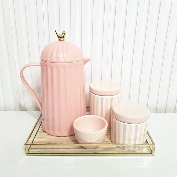 Kit Higiene Bebê Menina 20x30cm Listras Rosa Rosé e Dourado