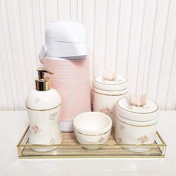 Kit Higiene Bebê Menina Floral Filete Ouro Rosa e Dourado