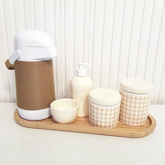Kit Higiene Bebê Menino 16x44cm Xadrez Vichy Bege e Caramelo