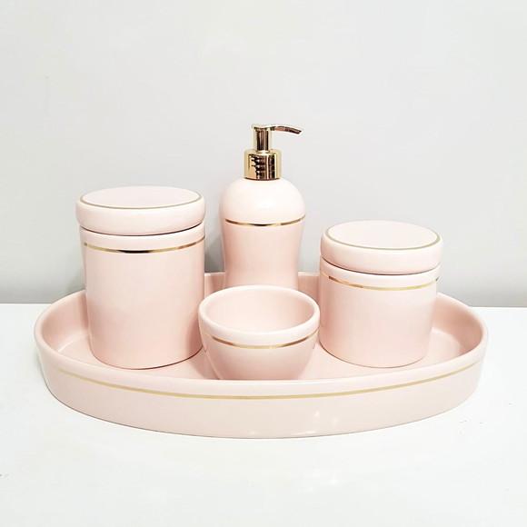 Kit Higiene Bebê Menina Rosé c/ Filete Dourado -bandeja Oval
