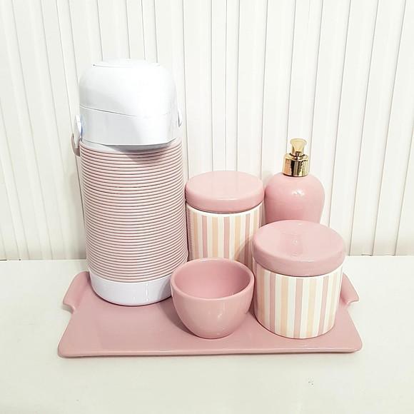 Kit Higiene Bebê Menina Listras Rosa - Reta + Alinhavada