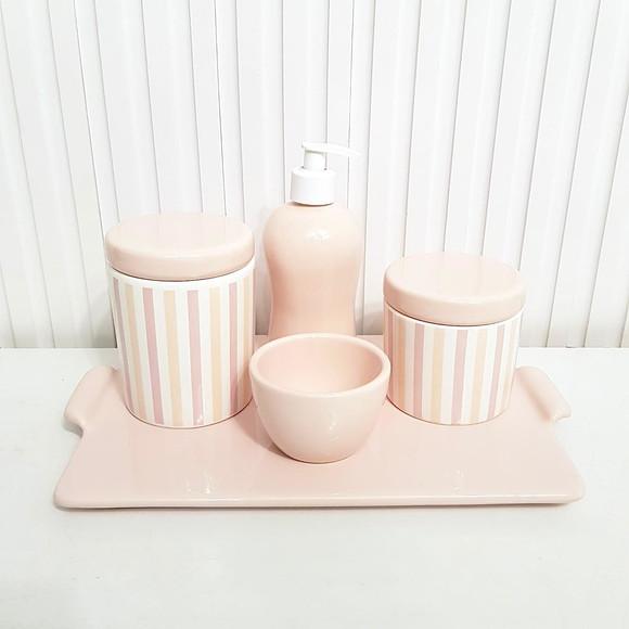Kit Higiene Bebê Menina Listras Rosa Rosé - Bandeja Reta