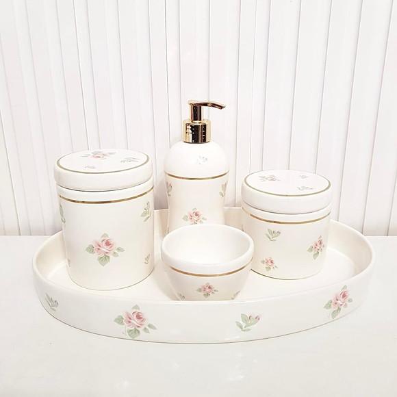 Kit Higiene Bebê Menina Oval Floral Filete Dourado