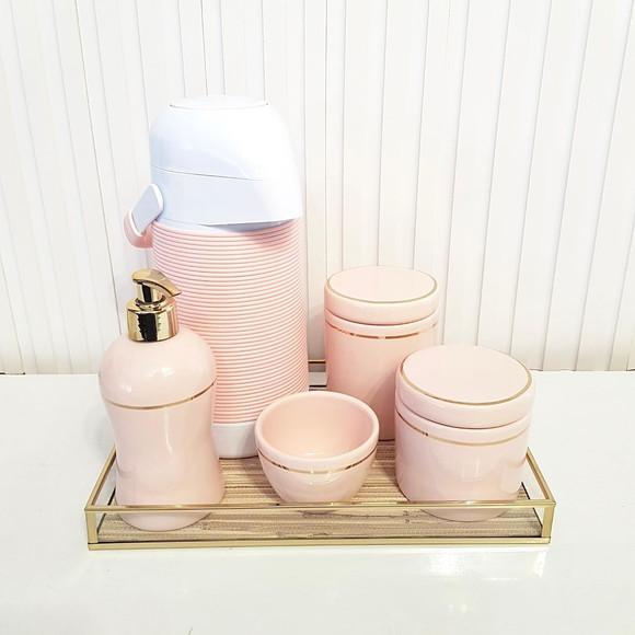 Kit Higiene Bebê Rosé Filete Dourado - Bandeja Fundo Palha