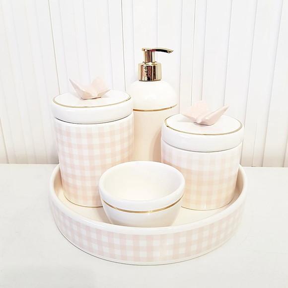 Kit Higiene Bebê Xadrez Rosa Branco Dourado Bandeja Redonda
