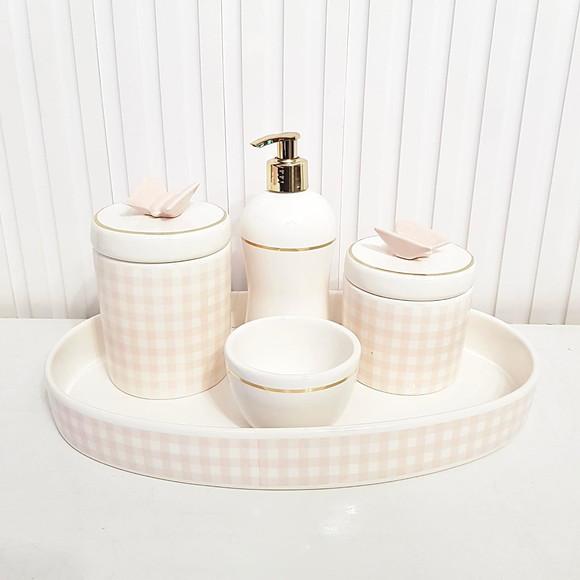 Kit Higiene Bebê Xadrez Rosa Branco Dourado Borboleta - Oval