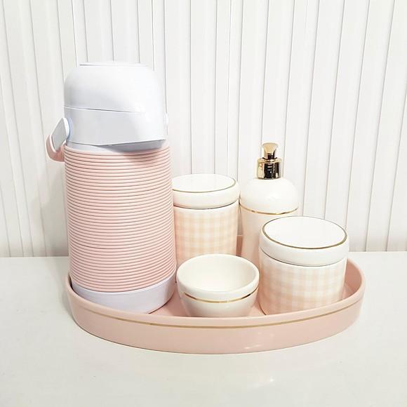 Kit Higiene Bebê Xadrez Rosa Branco e Dourado - Alinhavada