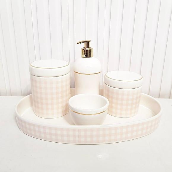 Kit Higiene Bebê Xadrez Rosa Branco Dourado - Oval