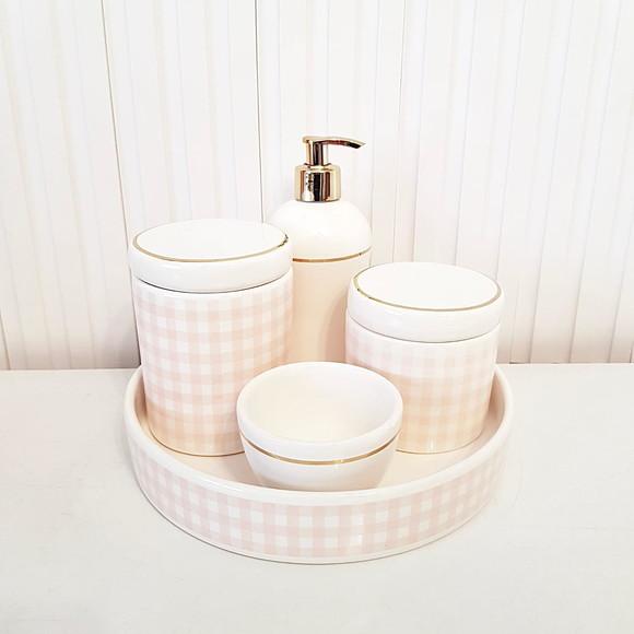 Kit Higiene Bebê Xadrez Rosa Branco Dourado Bandeja Redonda