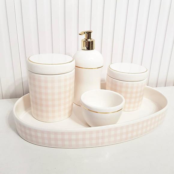 Kit Higiene Bebê Xadrez Rosa Branco Dourado - Oval