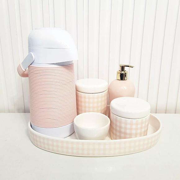 Kit Higiene Bebê Xadrez Rosa e Branco - Térm. Alinhavada