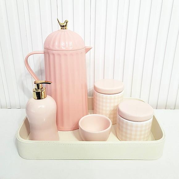 Kit Higiene Bebê Xadrez Vichy Rosa Rosé - Couro + Térm. Bird