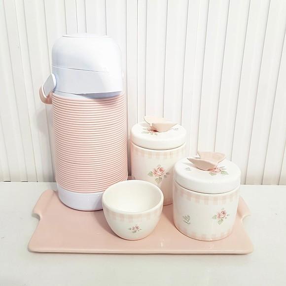 Kit Higiene Bebê Xadrez Vichy Rosa Rosé + Floral Band. Reta