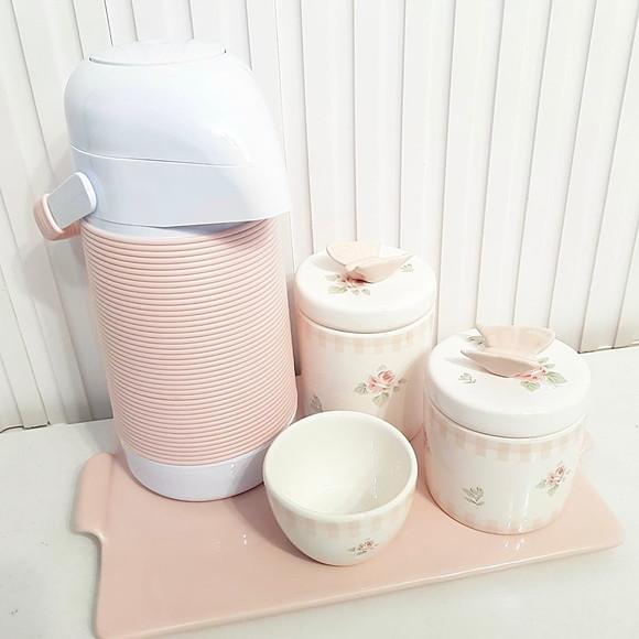 Kit Higiene Bebê Xadrez Vichy Rosa Rosé + Floral Band. Reta